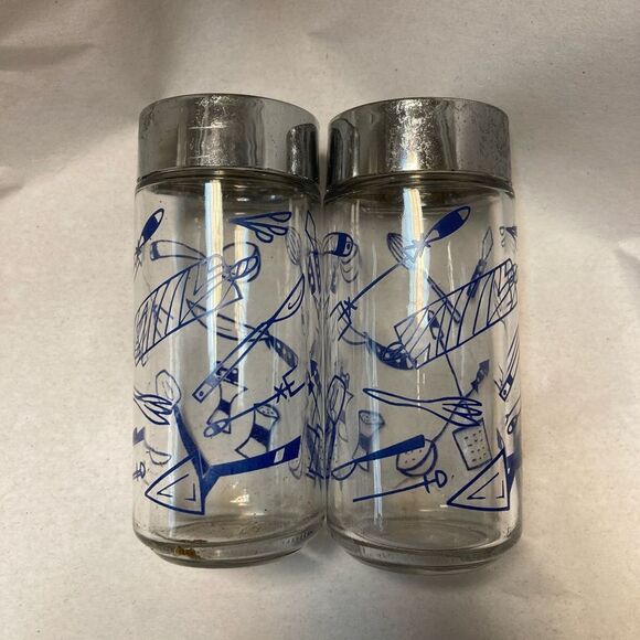 Vintage Kitchen Utensil Pattern Blue Lidded Glass Jars Shaker Spices - Picture 5 of 13